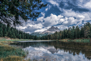 Mountain lake in the Dolomites, South Tyrol in Italy..Lake Antorno near Misurina,