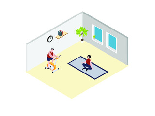 Overweight couple doing yoga and riding exercise bike to loss weight at home. Isometric vector concept