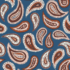Hand-Drawn Artistic Natural Tones Paisley Vector Seamless Pattern. Boho Traditional Ethnic Fashion Shawl Print. Monochrome Line Painterly Doodle Folk Foulard Texture Background