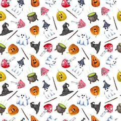 Fototapeta premium Watercolor hand drawn Helloween seamless pattern on white background. Cute Helloween print for paper, covering, wrapping, wallpaper, cards, greetings, design and decoration.