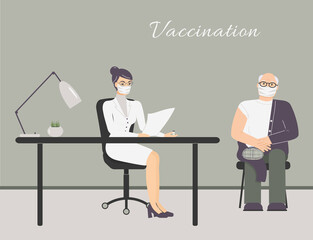 Coronavirus vaccination in doctor office. Older man in protective medical mask wait grafting at physician cabinet. Therapist hold a bottle with dose of virus vaccine and document in hands.Raster