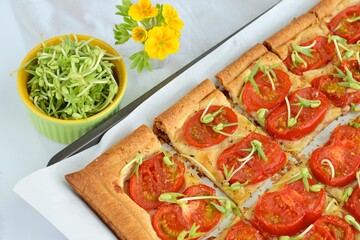 Tomato tart with mung bean sprouts