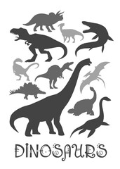 Dinosaur Set Vector illustration silhouette. grey dinosaurs, kids dinosaur name prints Grey, boys bedroom wall art, dino room, kids dinosaur posters.