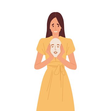 Offended Woman Hiding Her Real Feelings Behind Face Mask With Fake Calm Emotion. Person Disguising Offense And Psychological Problems. Colored Flat Vector Illustration Isolated On White Background