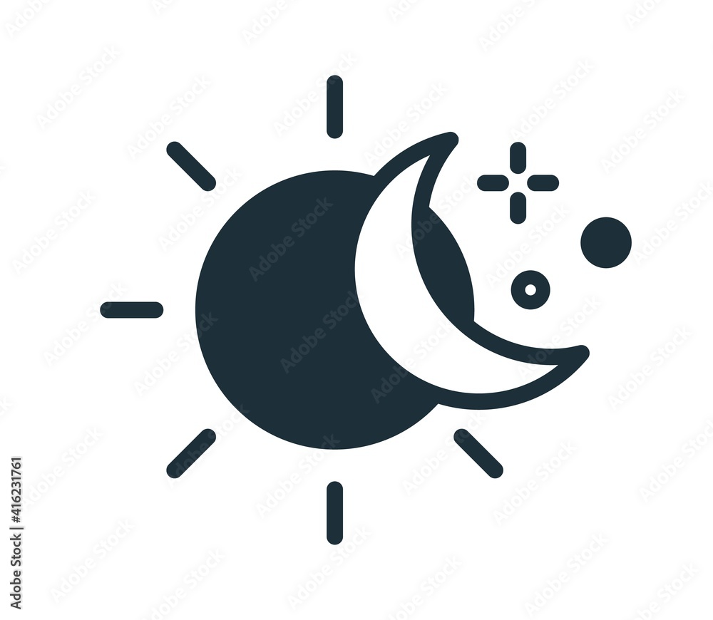 Poster simple icon in line art style with sun, half-moon and stars. change of day and night concept. linear