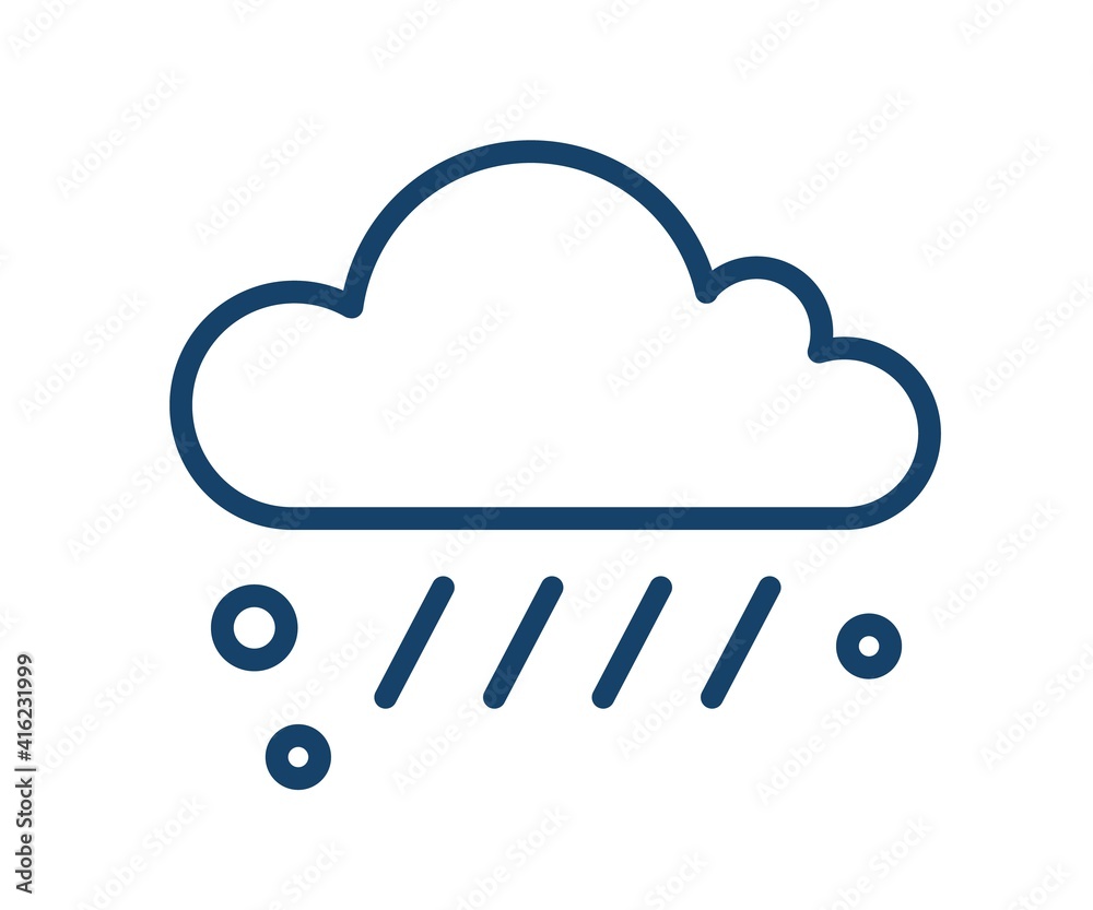 Poster Simple weather icon with rain drops and hail or sleet falling from cloud. Raincloud logo with linear raindrops. Contoured flat vector illustration isolated on white background.