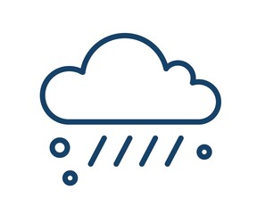 Simple weather icon with rain drops and hail or sleet falling from cloud. Raincloud logo with linear raindrops. Contoured flat vector illustration isolated on white background.