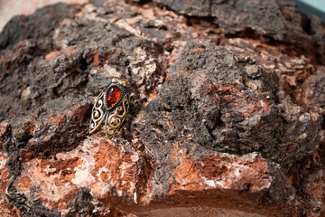 Ring in the form of a cicada of bronze and amber on the wooden bark of birch slice