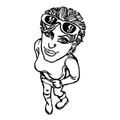Disco girl with short hair and sunglasses looks up, fashion style, black and white cartoon