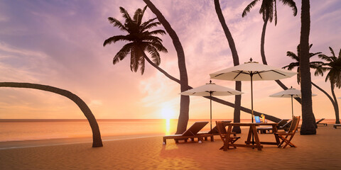 夕暮れの浜辺に置かれたウッドテーブルとノートPCの3Dグラフィックス / リゾートワーク・ワーケーションのコンセプトイメージ