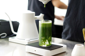 Iced pure matcha green tea - Pouring green tea into a glass of water on the table.
