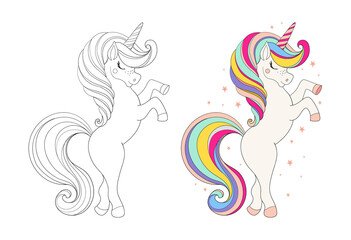 Set of cute unicorns. Colored cartoon character and drawing for coloring. Cartoon vector illustration. Educational game for children.