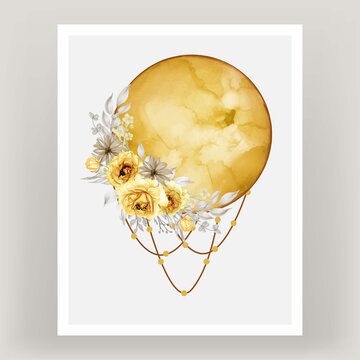 Watercolor full moon yellow shade with Rose flower