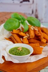 Sweet potato fries with basil pesto