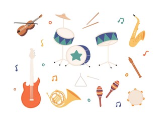 Set of percussion, wind, brass and stringed music instruments. Drums, sax, maracas, horn, electric guitar, fiddle, violin, fife and tambourine. Flat vector illustration isolated on white background © Good Studio