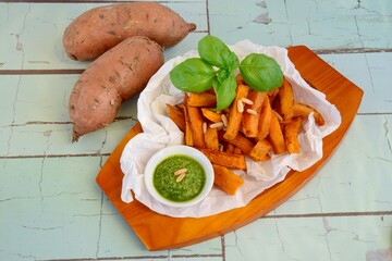 Sweet potato fries with basil pesto