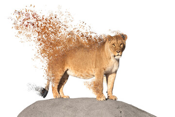 Dispersing lioness watching from a rock