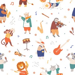 Seamless pattern with animal musicians. Cute kids characters playing music on guitar, violin, fife, drums and sax. Endless repeatable background. Colored flat vector illustration on white