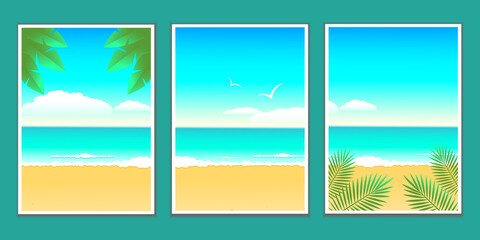 Set of summer nature backgrounds and sea tropical landscape. Summer vacation and travel concept.Design for flyer, poster, advertising leaflet, greeting card and banner. Vector stock illustration. 