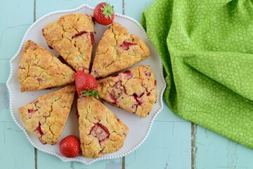 Freshly homemade baked strawberry scones. Flat lay