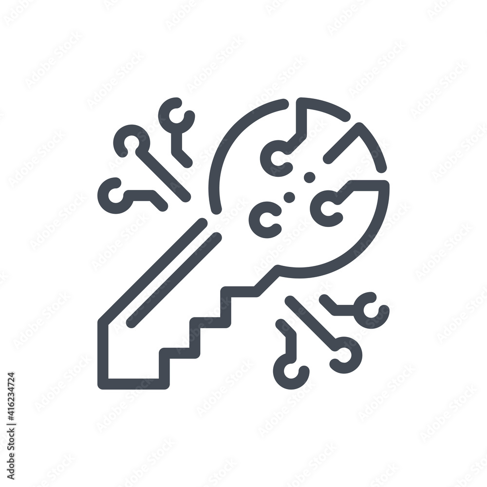 Poster digital secure key line icon. key for bitcoin crypto wallet vector outline sign.
