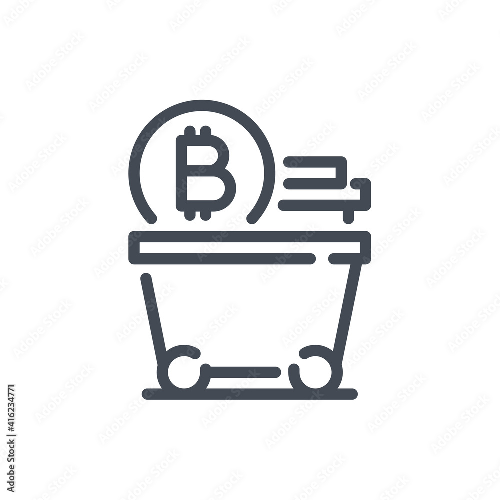 Poster bitcoin mining line icon. mine cart with stack of bitcoin coins vector outline sign.