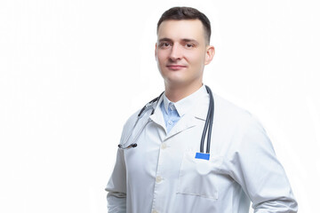 Medical Concepts. Portrait of Smiling Professional Mature GP Doctor Posing in Doctor's Smock With Endoscope on White Background.