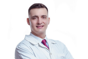 Medical Ideas. Closeup Portrait of Confident Professional Male GP Doctor Posing in Doctor's Smock and Folded Hands on White Background.