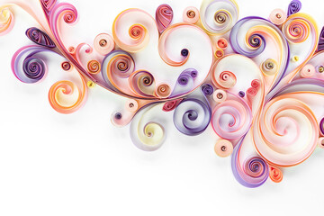 Quilling paper curls and rolls banner in an abstract  panel with copy space. Filigree paper colored background. Quilling hobby examples.