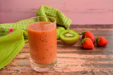 Fresh strawberry kiwi smoothie drink. Selective focus