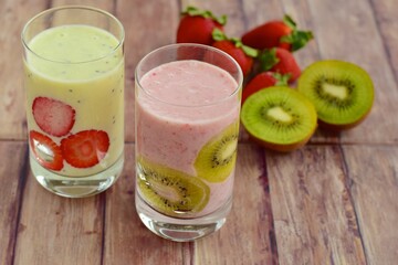 Fresh Healthy Kiwi Smoothie and Strawberry Smoothie