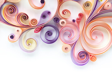 Abstract floral background from quilling paper colored stripes on a white background with copy space. Filigree paper art hobby. Panel from quilling paper in pink and purple tones.