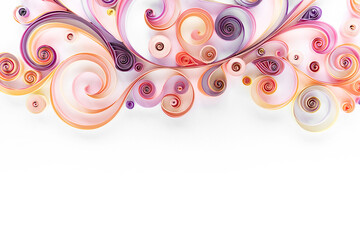 Quillind paper abstract floral banner flat lay with copy space. Hobby quilling paper concept. Filigree paper background from scrolled strips of colored paper in pink and purple tones.