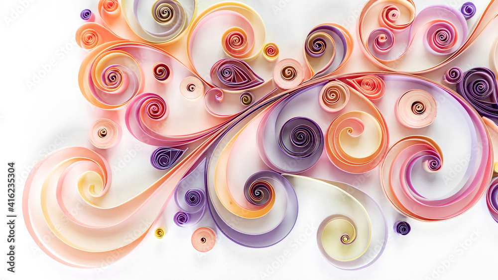 Wall mural abstract background with curled colored paper in quilling technique. paper filigree floral pattern. 