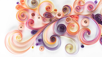 Abstract background with curled colored paper in quilling technique. Paper filigree floral pattern. Quilling paper elements for art panel. Floral banner in quilling technique for design template.