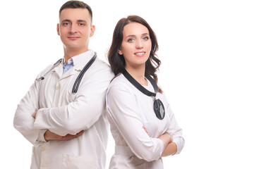 Two Confident Caucasian Doctors in White Smocks With Endoscope and Examination Mirror Posing...