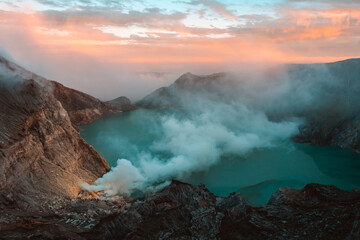 Lake and Sulfur Mine at Khawa Ijen Volcano Crater, Java Island, Indonesia