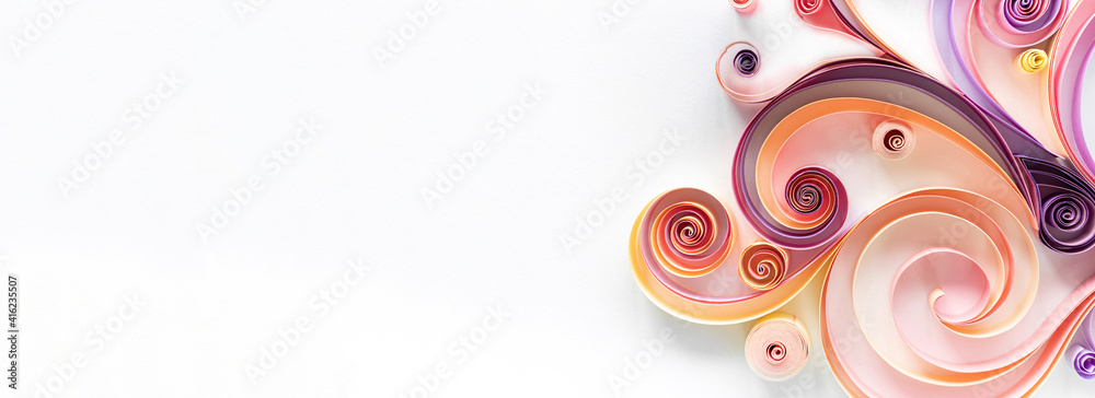 Wall mural quilling paper art long banner on white background with copy space. filigree paper hobby header. ele