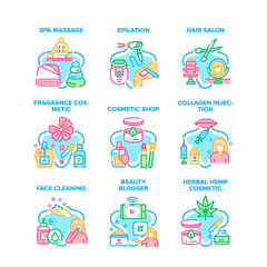 Cosmetic Glamor Set Icons Vector Illustrations. Spa Massage And Epilation, Hair Salon Face Cleaning And Collagen Injection, Fragrance And Herbal Hemp Cosmetic, Beauty Blogger Color Illustrations