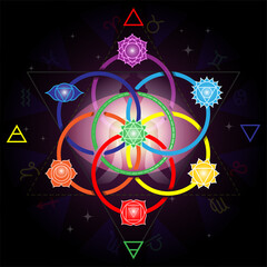 Meditating yoga girl silhouette with chakras signs in seed of life circles - 416235571