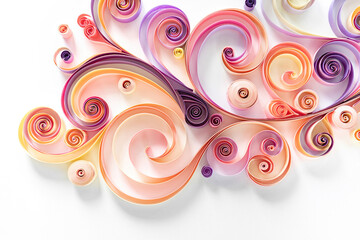 Quilling paper art hobby. Filigree paper abstract floral background in pink-purple tones with copy space. Twisted figures from strips of colored paper 3d image.