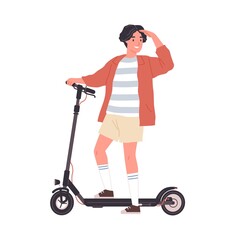 Modern boy riding electric walk scooter. Happy active teenager driving eco urban transport. Colored flat vector illustration isolated on white background