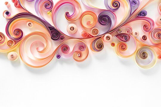 Quilling paper abstract background with copy space. Filigree paper floral banner. Hobby concept. Strips of colored paper are twisted into rolls and curls on a white background.