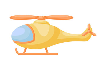 Cute yellow helicopter on white background. Cartoon transport for kids cards, baby shower, birthday invitation, house interior. Bright colored childish vector illustration in cartoon style.