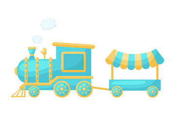 Cute blue train with steam on white background. Cartoon transport for kids cards, baby shower, birthday invitation, house interior. Bright colored childish vector illustration in cartoon style.