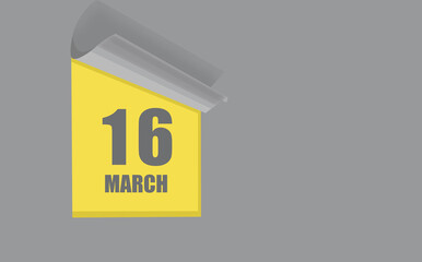 march 16. 16-th day of the month, calendar date. Gray numbers in a yellow window, on a solid isolated background. Spring month, day of the year concept