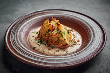 Baked homemade cauliflower in gruyere cheese sauce, herbs and olive oil in a ceramic plate on a dark background, healthy food, copy space, close up, selective focus