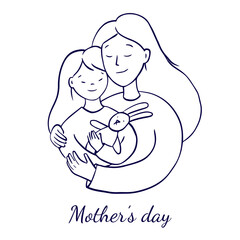 Sketch illustration for mothers day. Mom hugs her daughter, daughter holding a hare toy. Parent-child relationship. Monochrome vector sketch isolated on a white background.