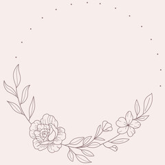 Floral Wreath branch in hand drawn style. Floral round brown and red frame of twigs, leaves and flowers. Frames for the Valentine's day, wedding decor, logo and identity template.