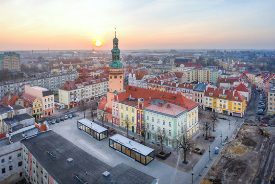 Olawa, Poland. Aerial view of main market square (Rynek) with building of historic Town Hall
